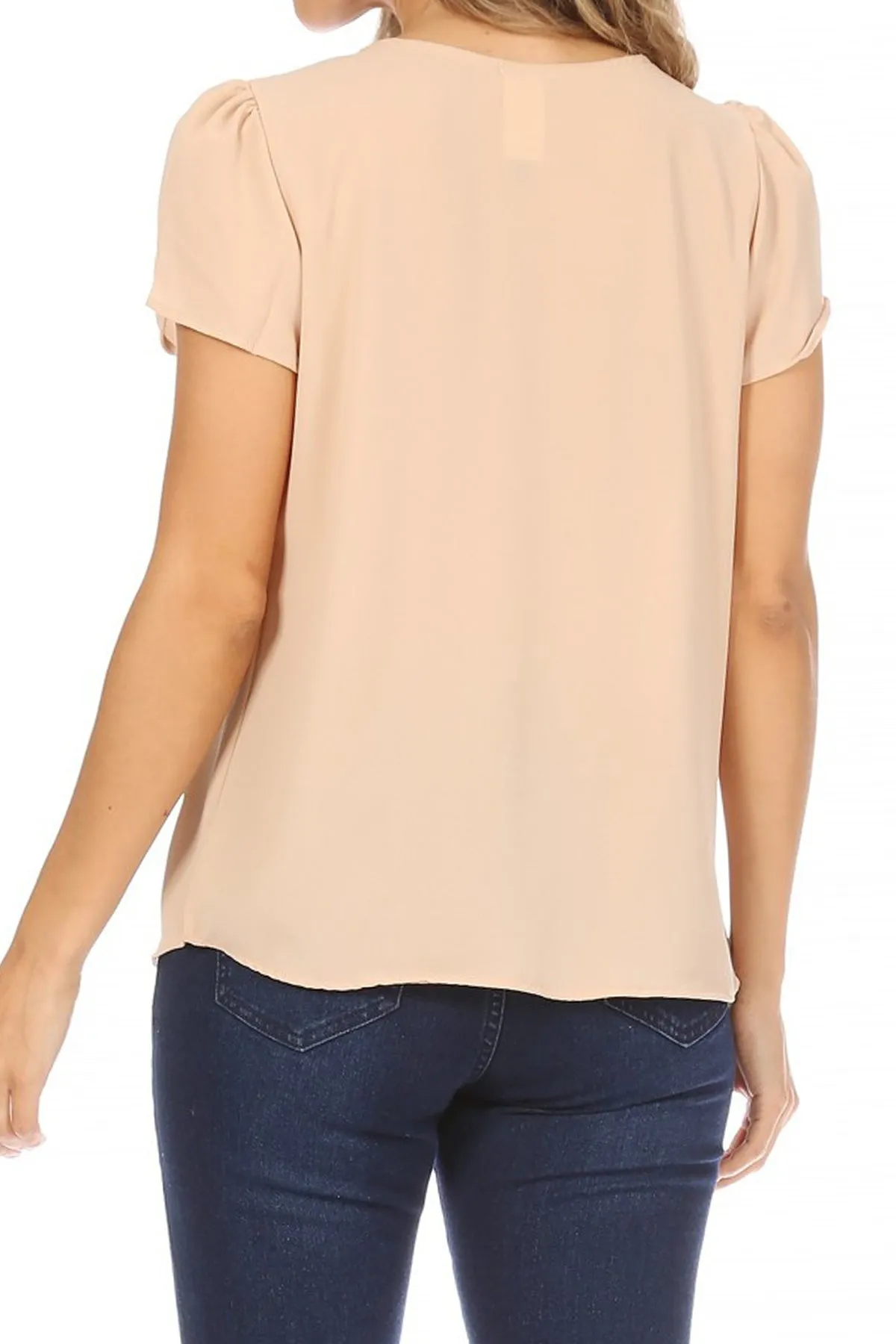 Women's Casual Solid Pleated Front Petal Cap Sleeve Round Neck Tee Blouse Top