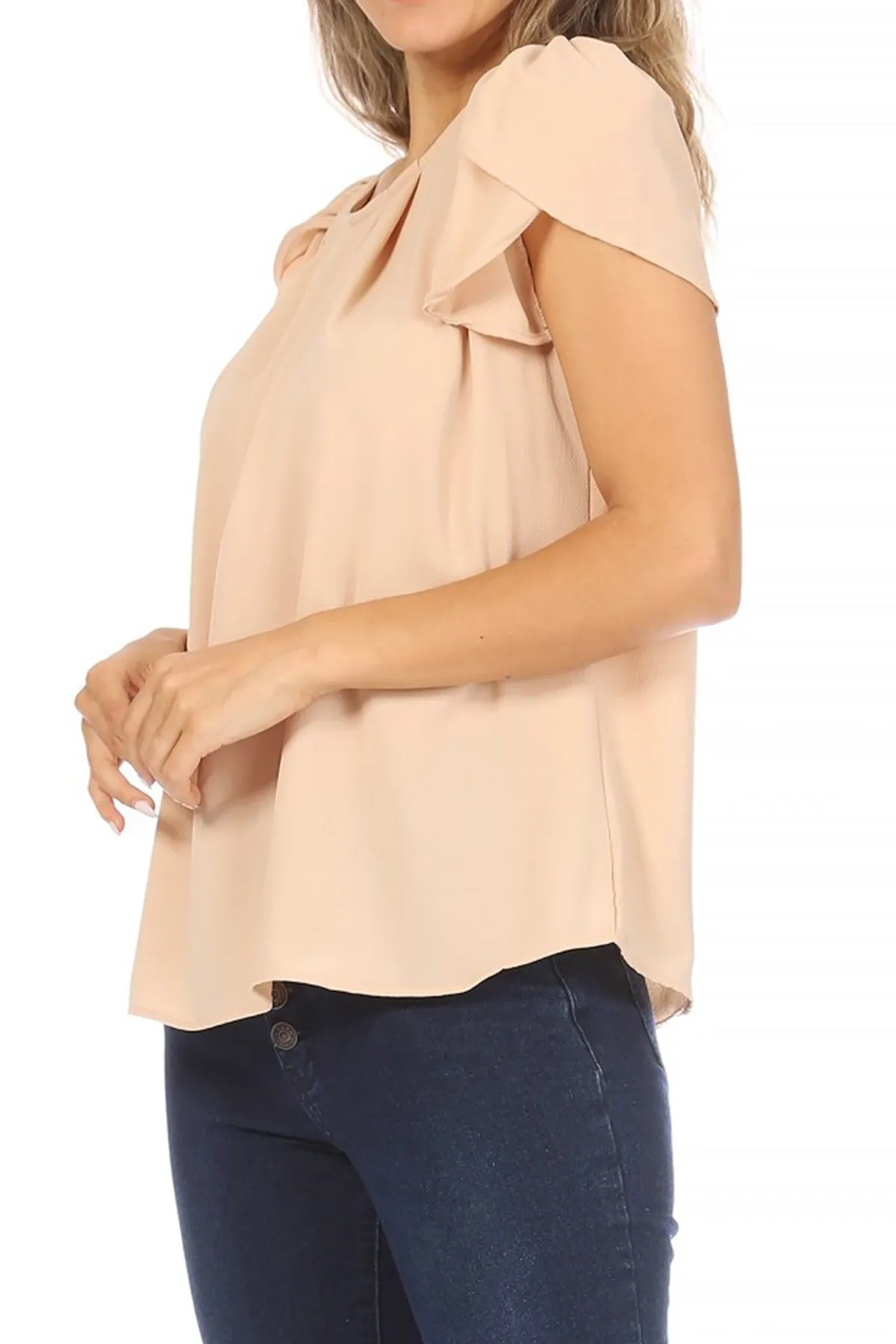 Women's Casual Solid Pleated Front Petal Cap Sleeve Round Neck Tee Blouse Top