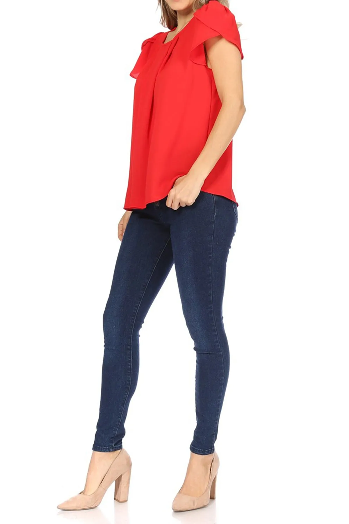 Women's Casual Solid Pleated Front Petal Cap Sleeve Round Neck Tee Blouse Top