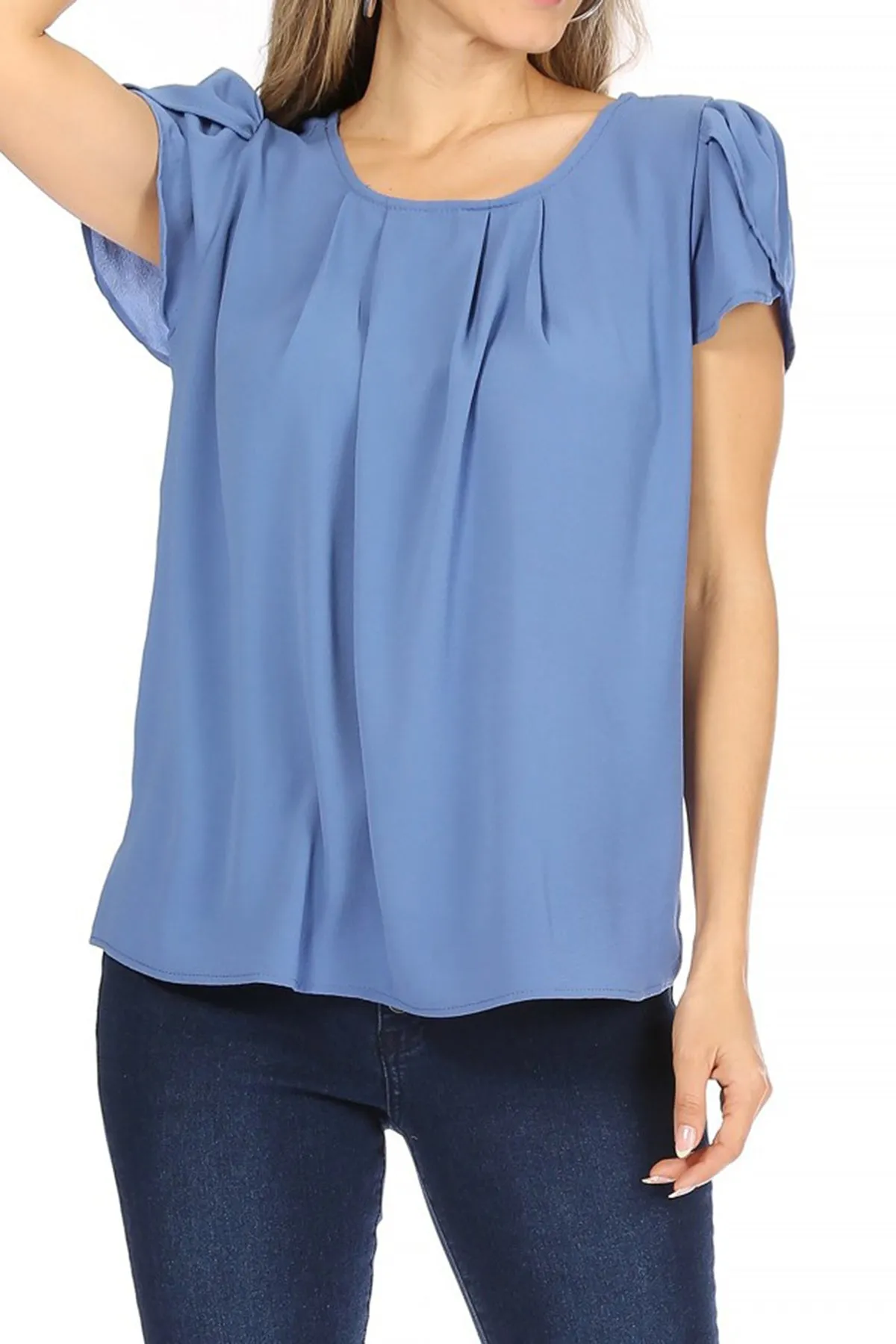 Women's Casual Solid Pleated Front Petal Cap Sleeve Round Neck Tee Blouse Top