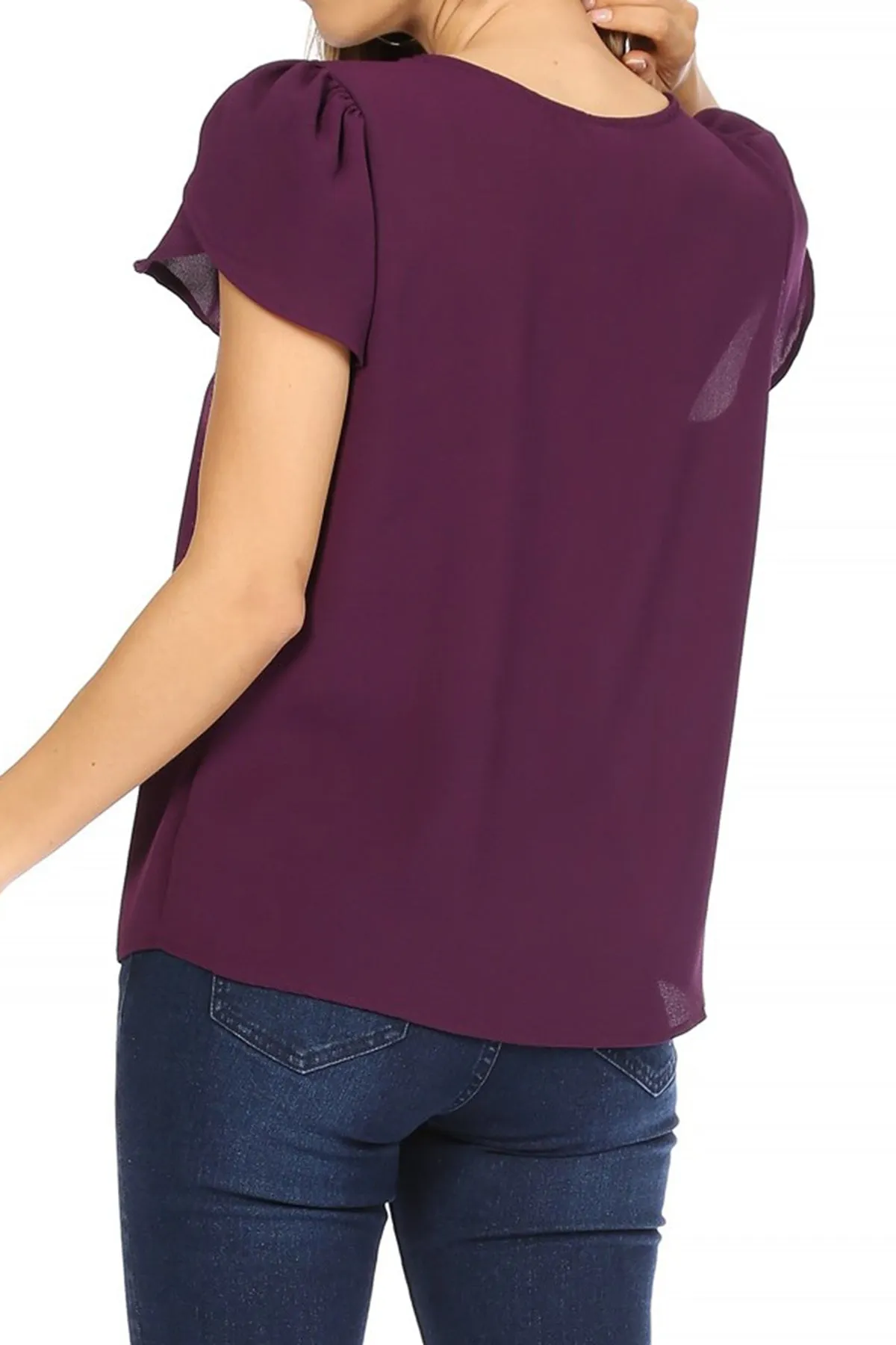 Women's Casual Solid Pleated Front Petal Cap Sleeve Round Neck Tee Blouse Top