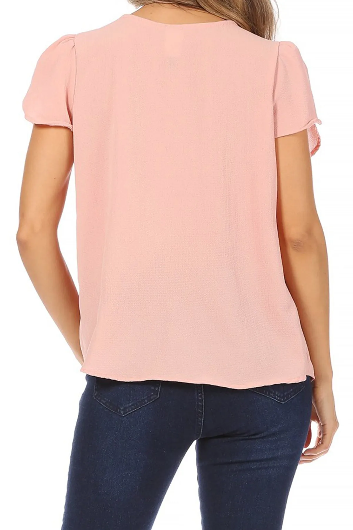 Women's Casual Solid Pleated Front Petal Cap Sleeve Round Neck Tee Blouse Top