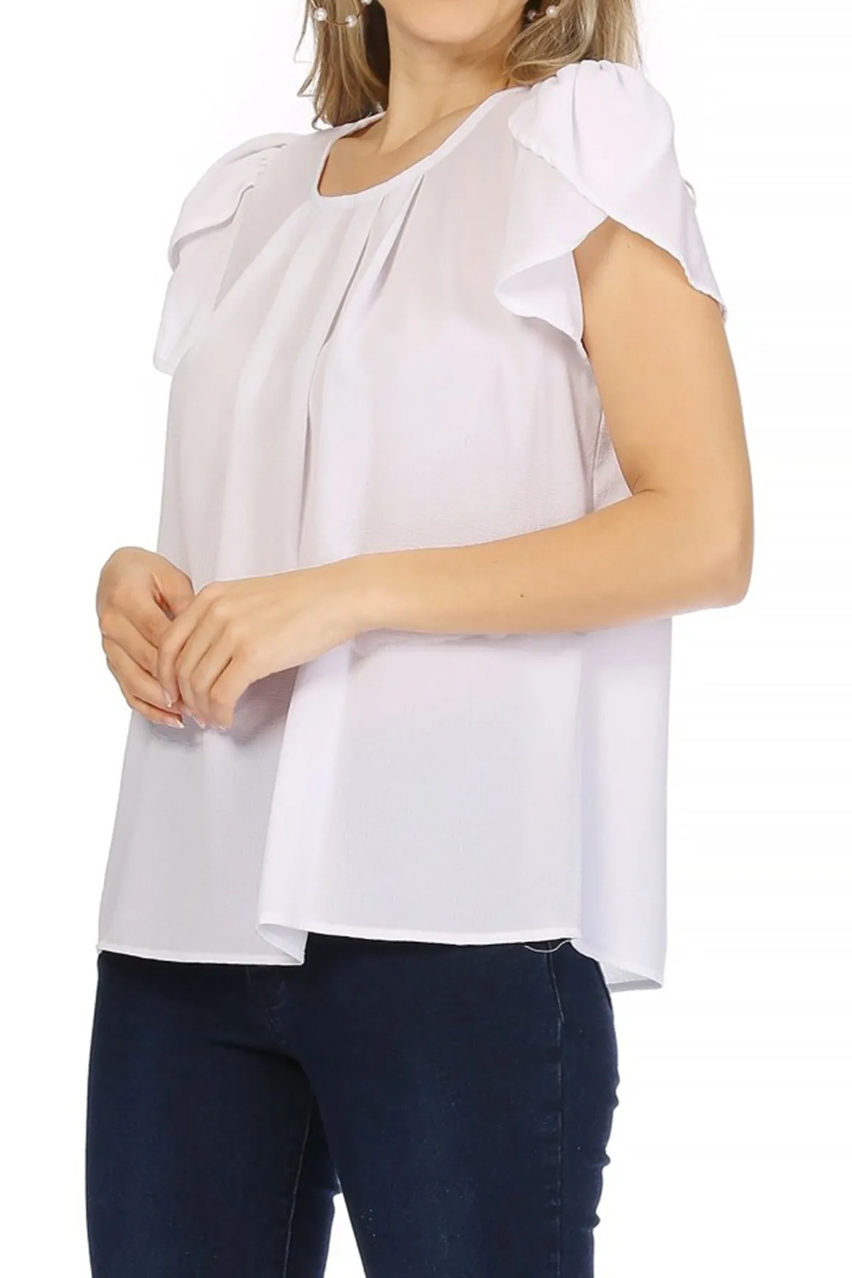 Women's Casual Solid Pleated Front Petal Cap Sleeve Round Neck Tee Blouse Top