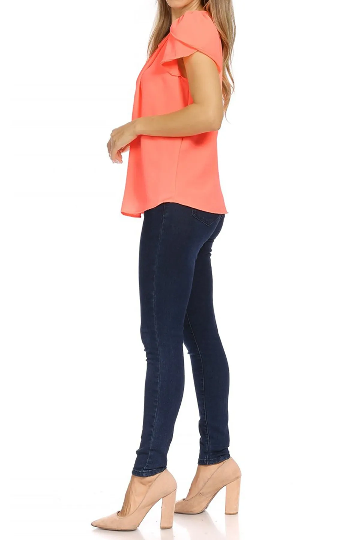 Women's Casual Solid Pleated Front Petal Cap Sleeve Round Neck Tee Blouse Top