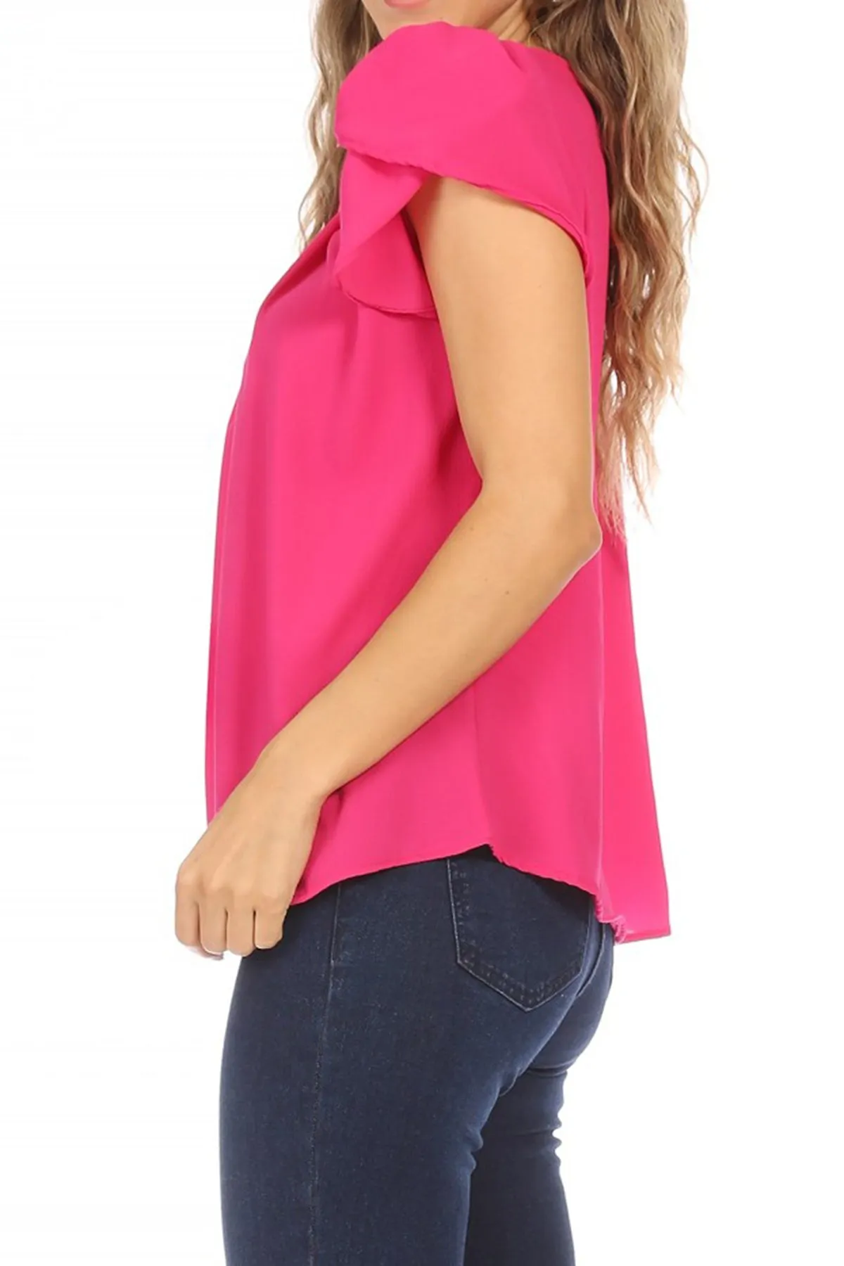 Women's Casual Solid Pleated Front Petal Cap Sleeve Round Neck Tee Blouse Top