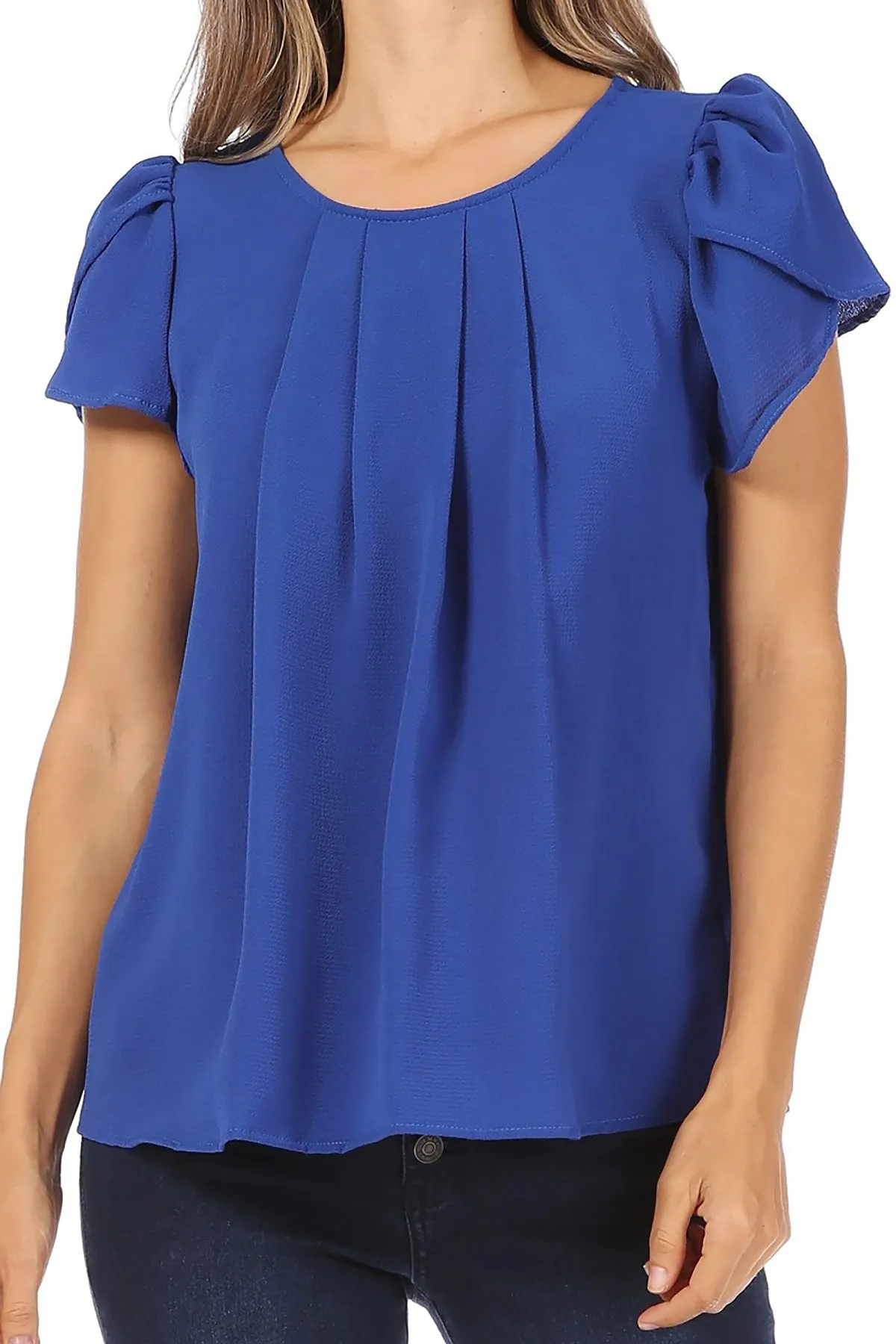 Women's Casual Solid Pleated Front Petal Cap Sleeve Round Neck Tee Blouse Top