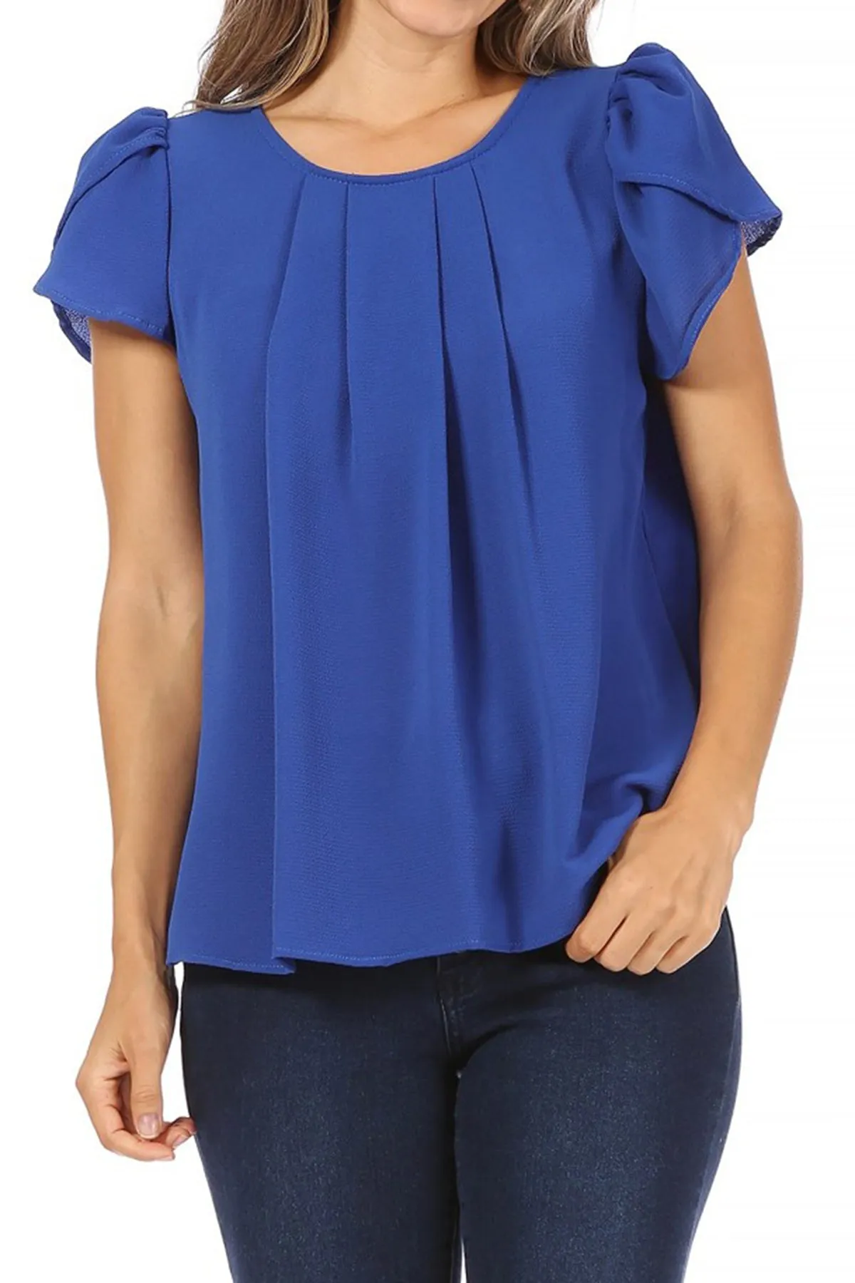 Women's Casual Solid Pleated Front Petal Cap Sleeve Round Neck Tee Blouse Top