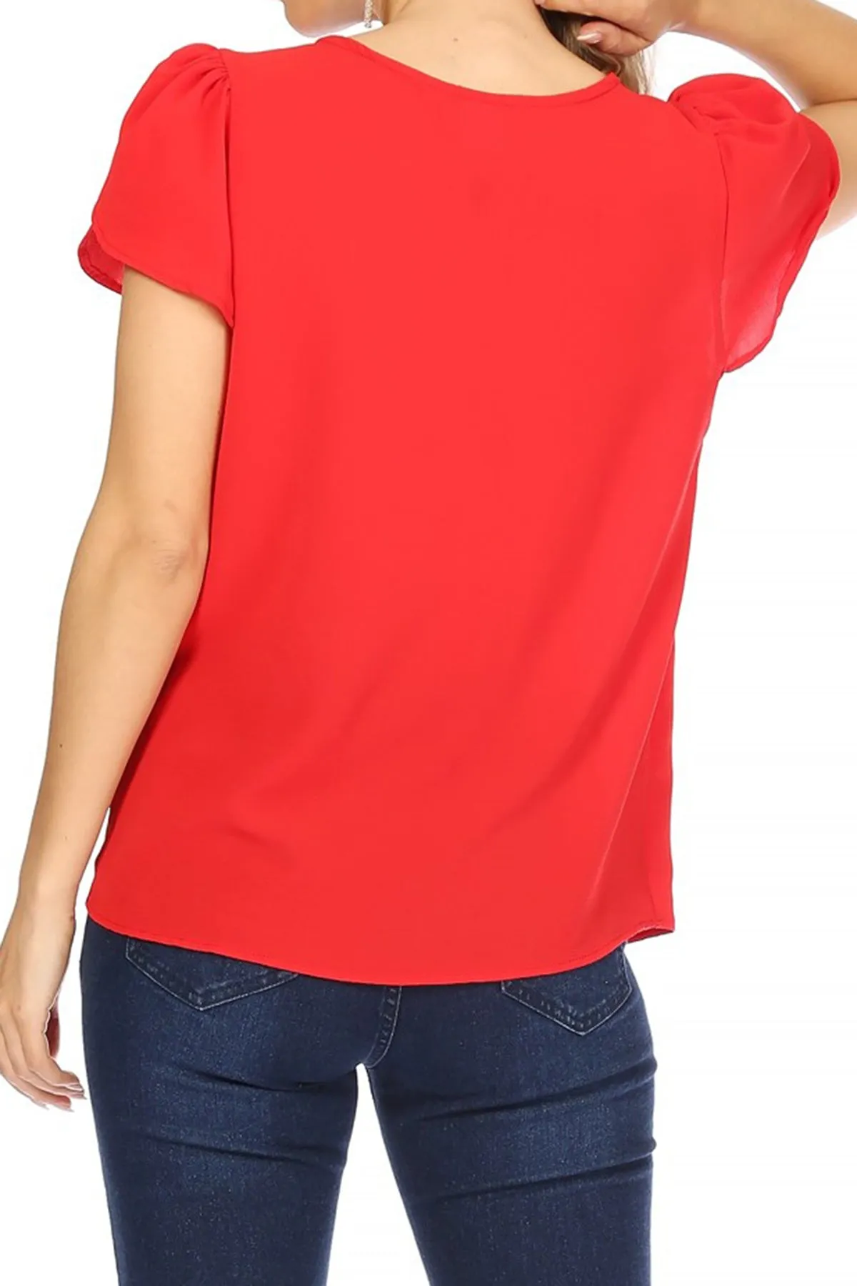 Women's Casual Solid Pleated Front Petal Cap Sleeve Round Neck Tee Blouse Top