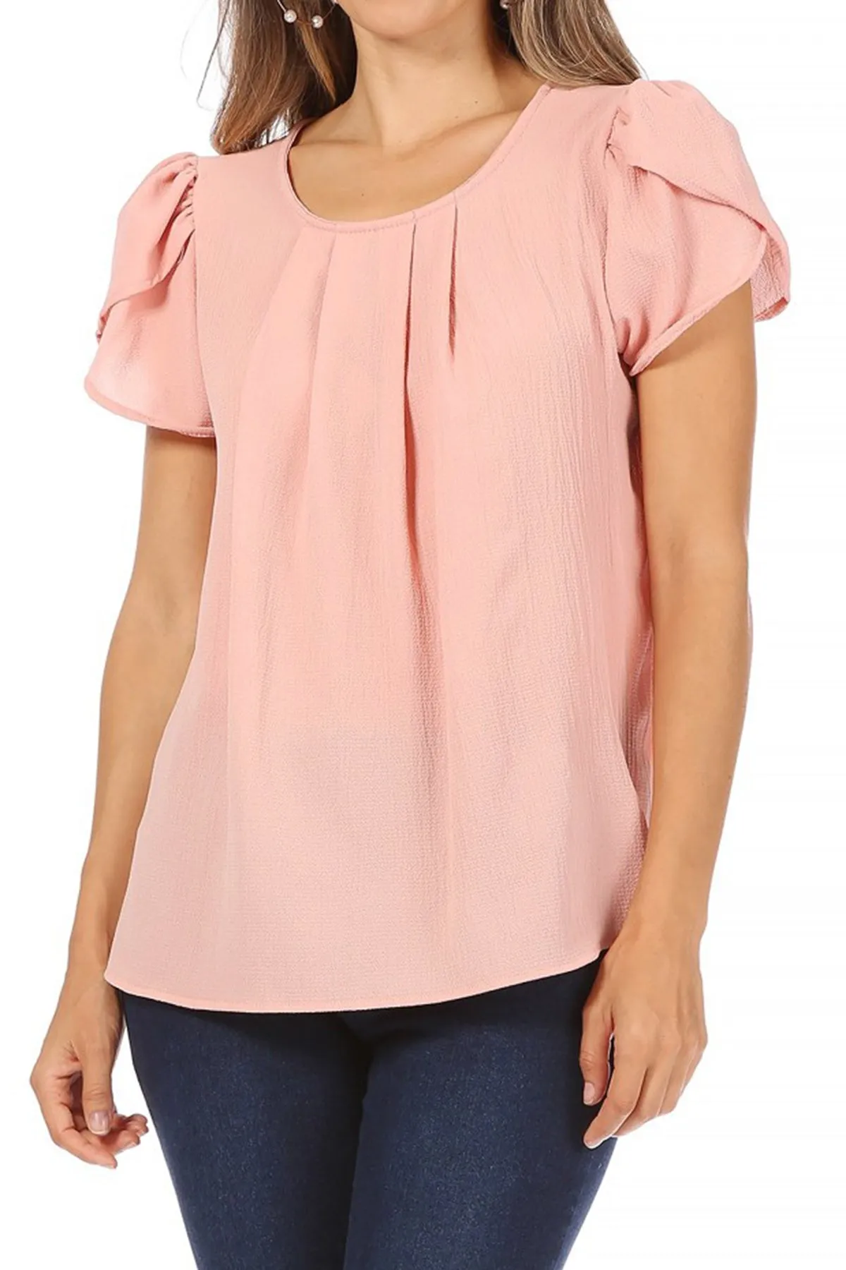 Women's Casual Solid Pleated Front Petal Cap Sleeve Round Neck Tee Blouse Top