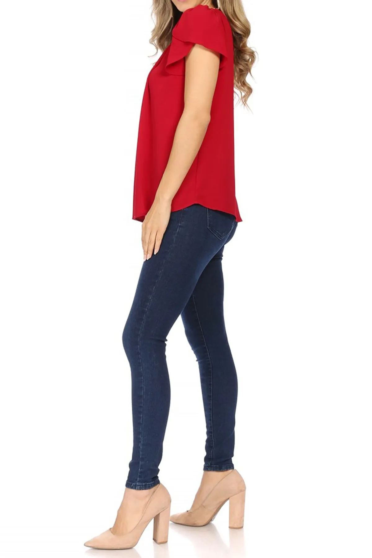 Women's Casual Solid Pleated Front Petal Cap Sleeve Round Neck Tee Blouse Top