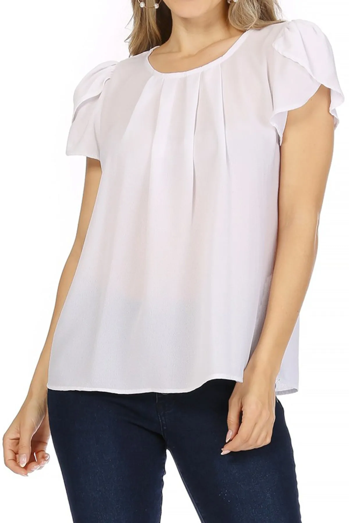 Women's Casual Solid Pleated Front Petal Cap Sleeve Round Neck Tee Blouse Top