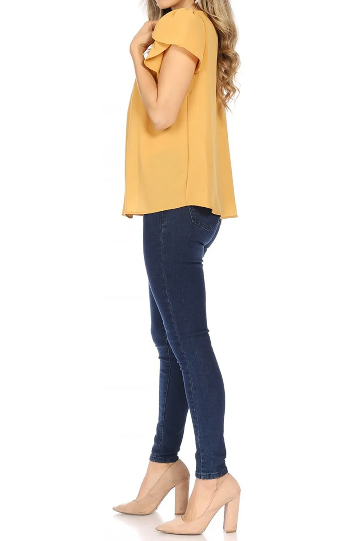 Women's Casual Solid Pleated Front Petal Cap Sleeve Round Neck Tee Blouse Top