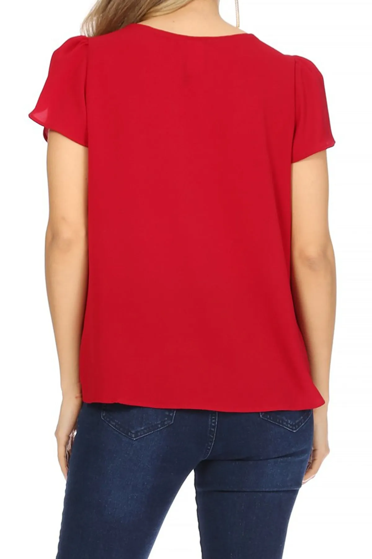 Women's Casual Solid Pleated Front Petal Cap Sleeve Round Neck Tee Blouse Top
