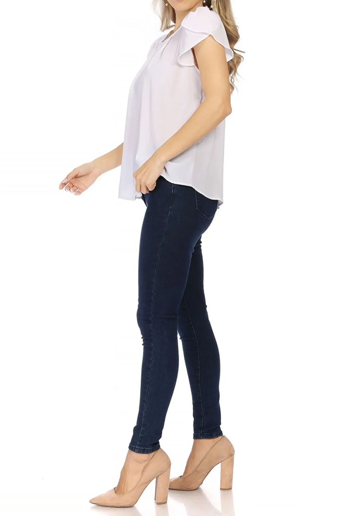 Women's Casual Solid Pleated Front Petal Cap Sleeve Round Neck Tee Blouse Top