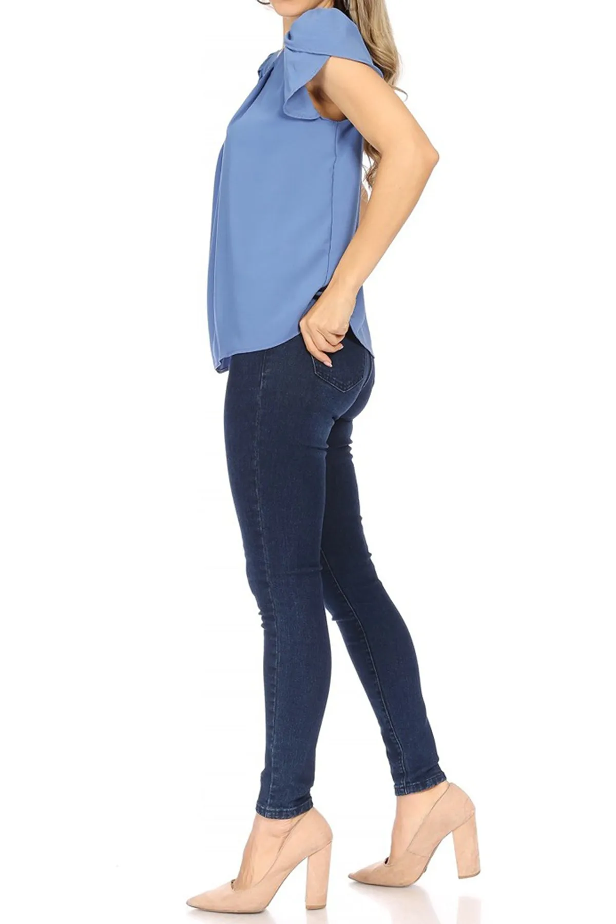 Women's Casual Solid Pleated Front Petal Cap Sleeve Round Neck Tee Blouse Top