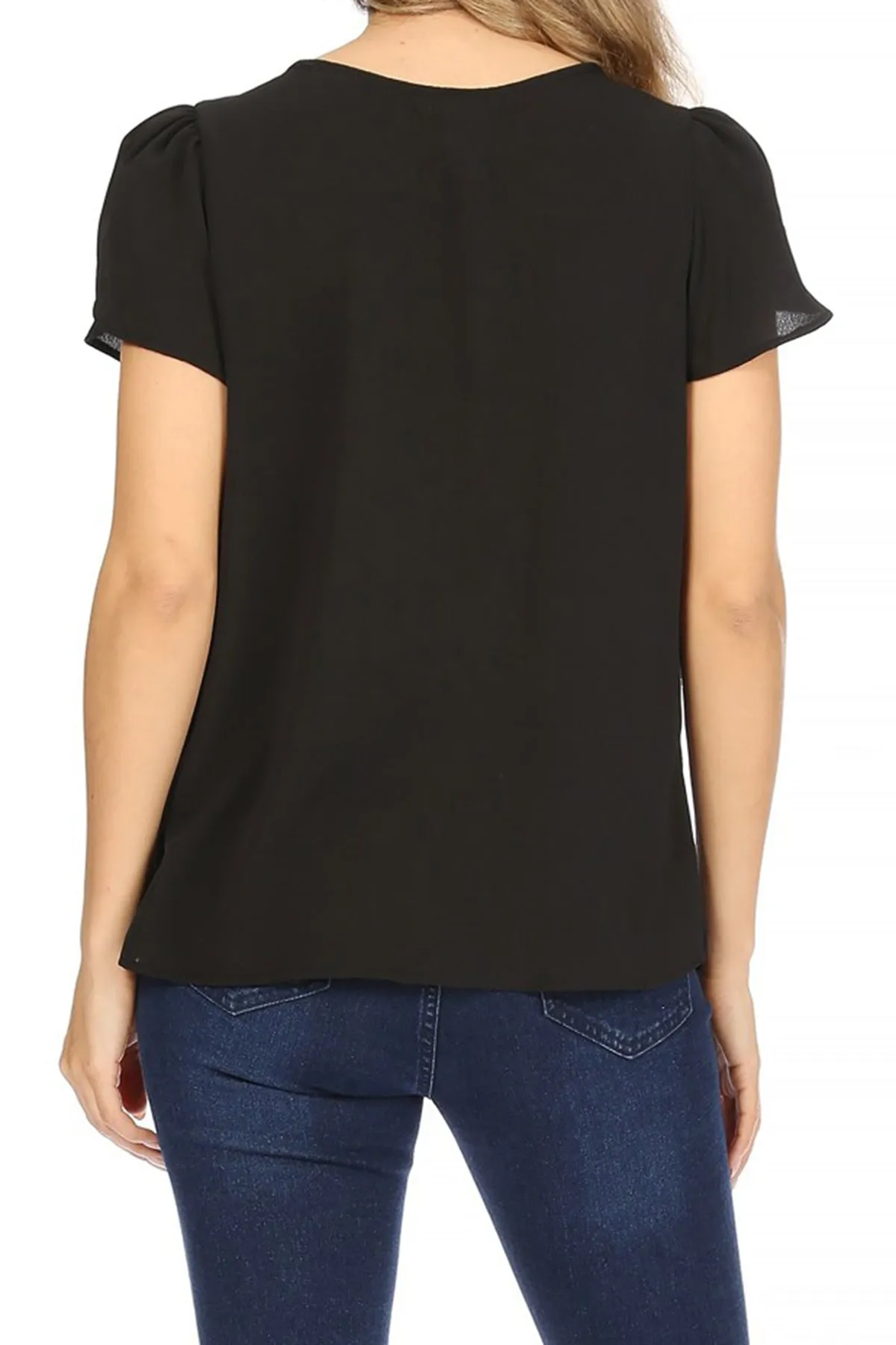 Women's Casual Solid Pleated Front Petal Cap Sleeve Round Neck Tee Blouse Top