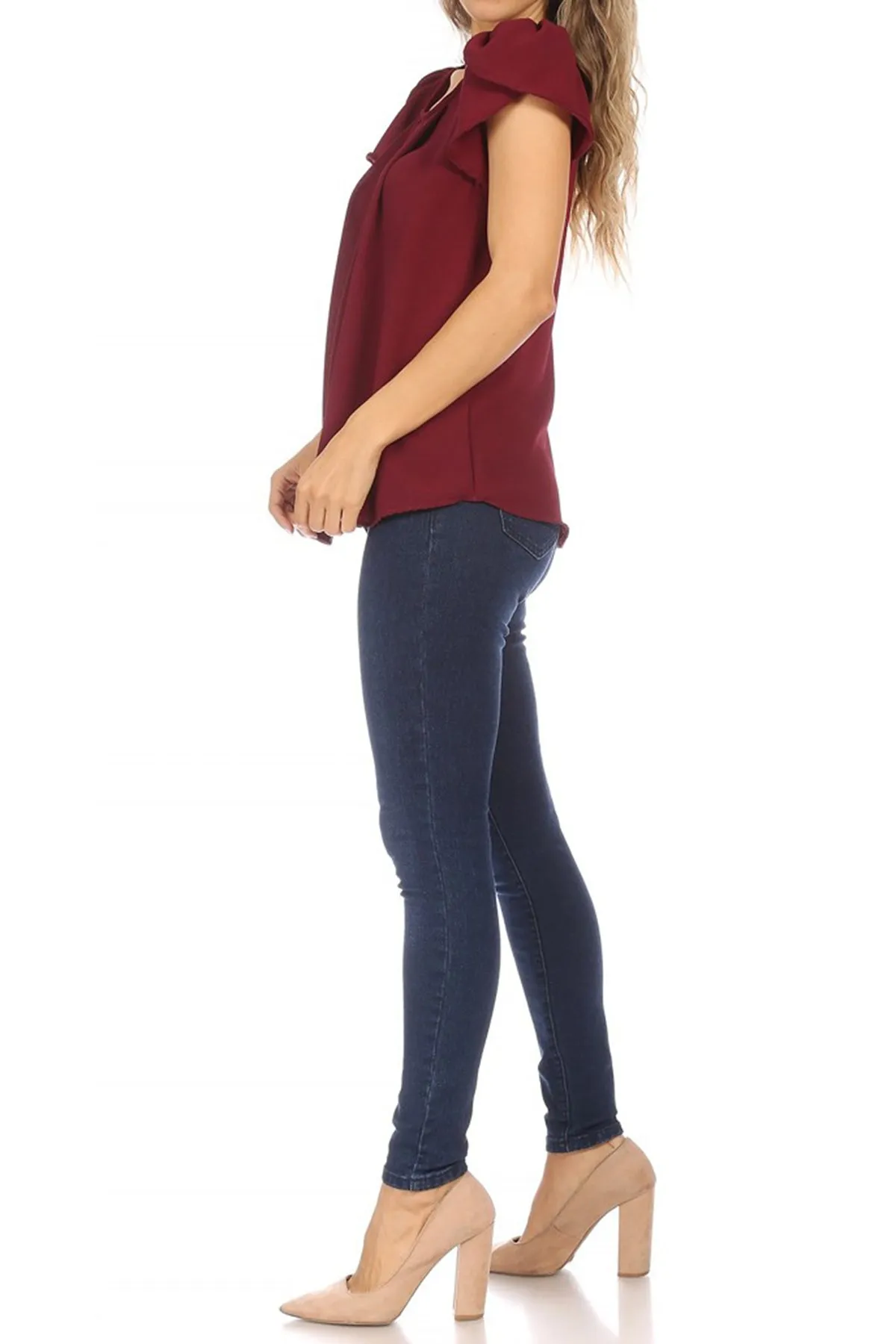 Women's Casual Solid Pleated Front Petal Cap Sleeve Round Neck Tee Blouse Top