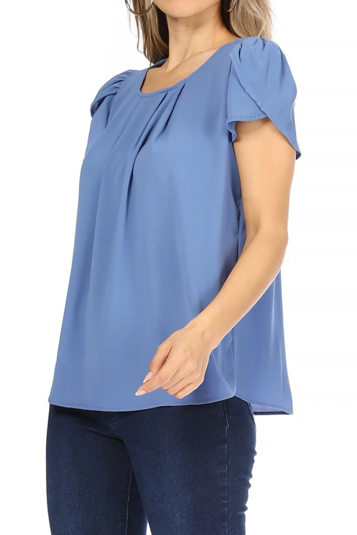 Women's Casual Solid Pleated Front Petal Cap Sleeve Round Neck Tee Blouse Top