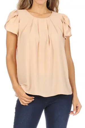 Women's Casual Solid Pleated Front Petal Cap Sleeve Round Neck Tee Blouse Top