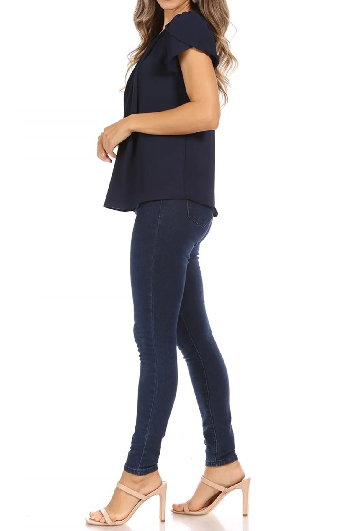 Women's Casual Solid Pleated Front Petal Cap Sleeve Round Neck Tee Blouse Top