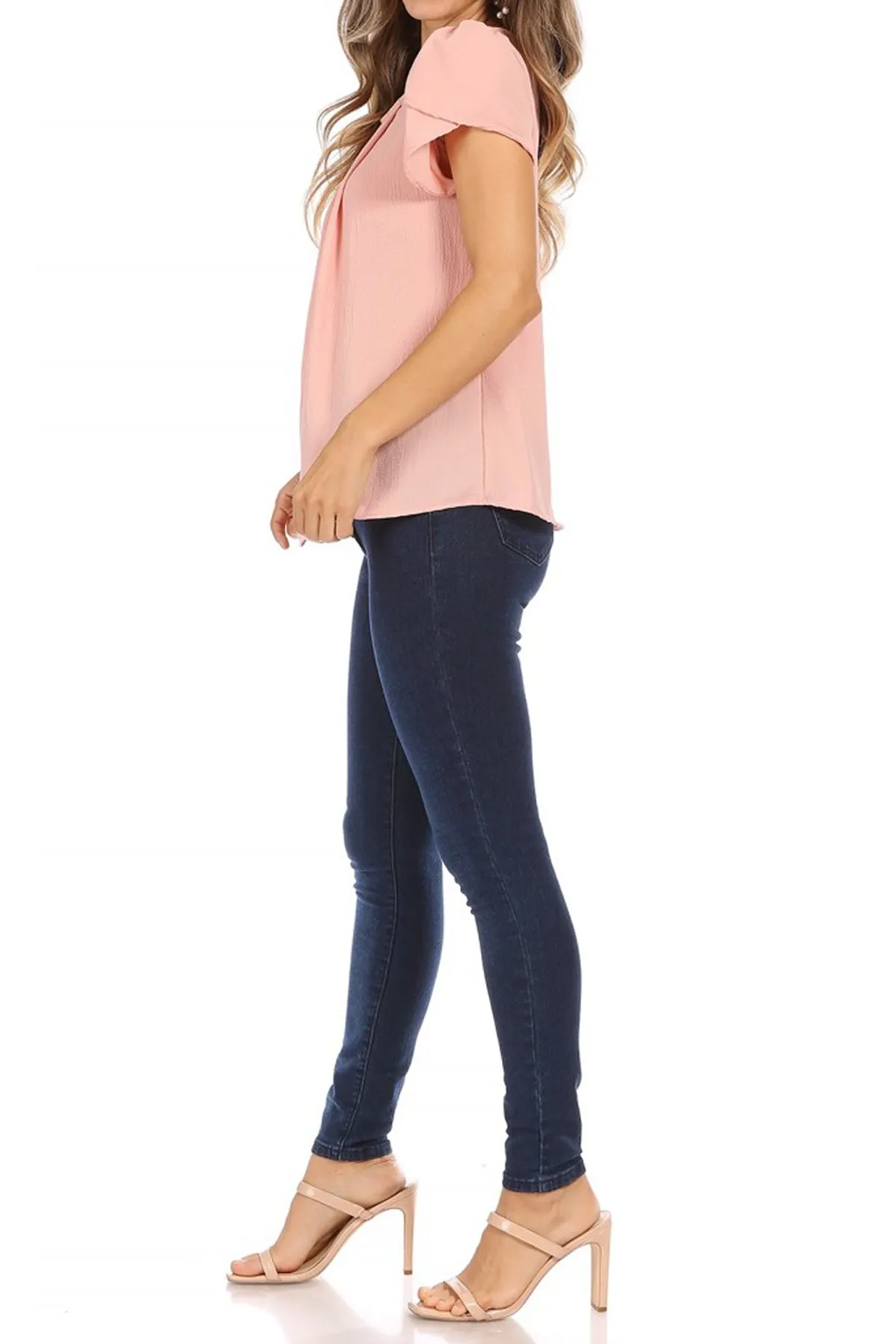 Women's Casual Solid Pleated Front Petal Cap Sleeve Round Neck Tee Blouse Top