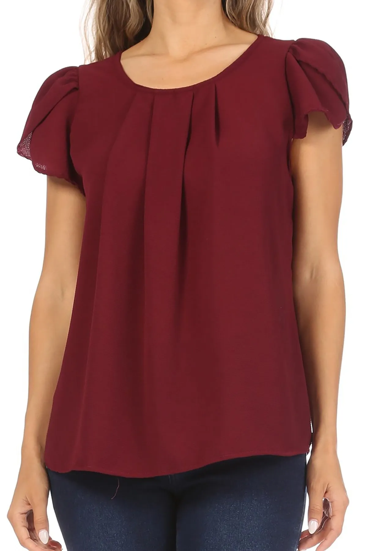 Women's Casual Solid Pleated Front Petal Cap Sleeve Round Neck Tee Blouse Top