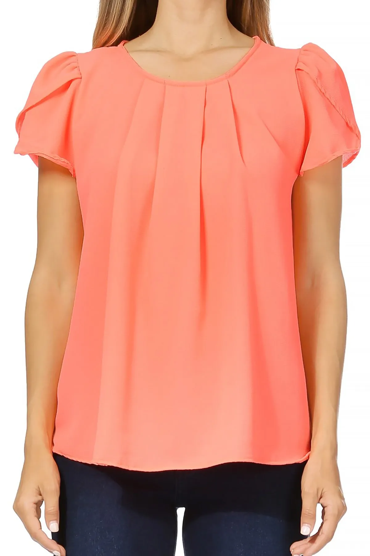 Women's Casual Solid Pleated Front Petal Cap Sleeve Round Neck Tee Blouse Top