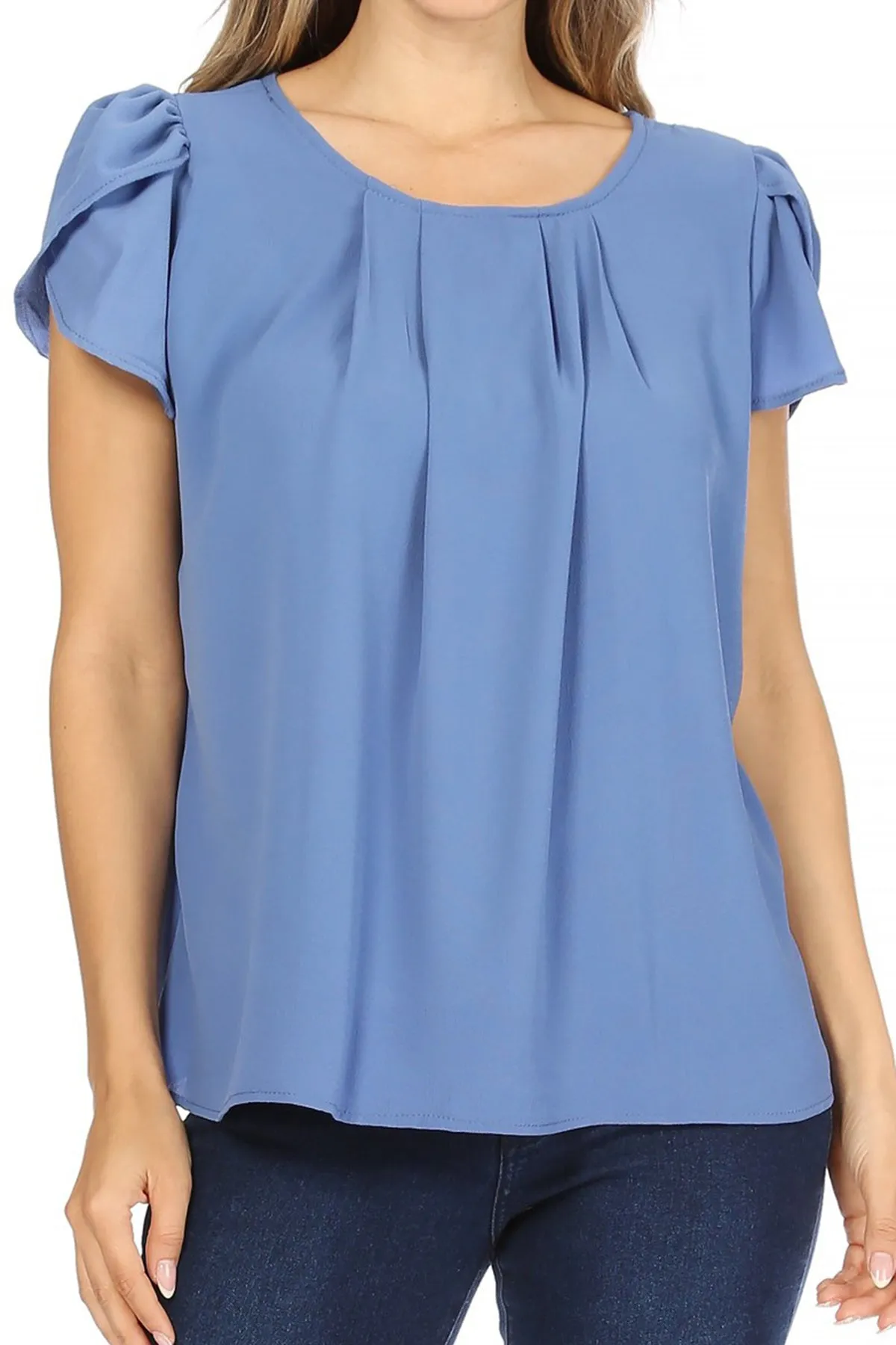 Women's Casual Solid Pleated Front Petal Cap Sleeve Round Neck Tee Blouse Top