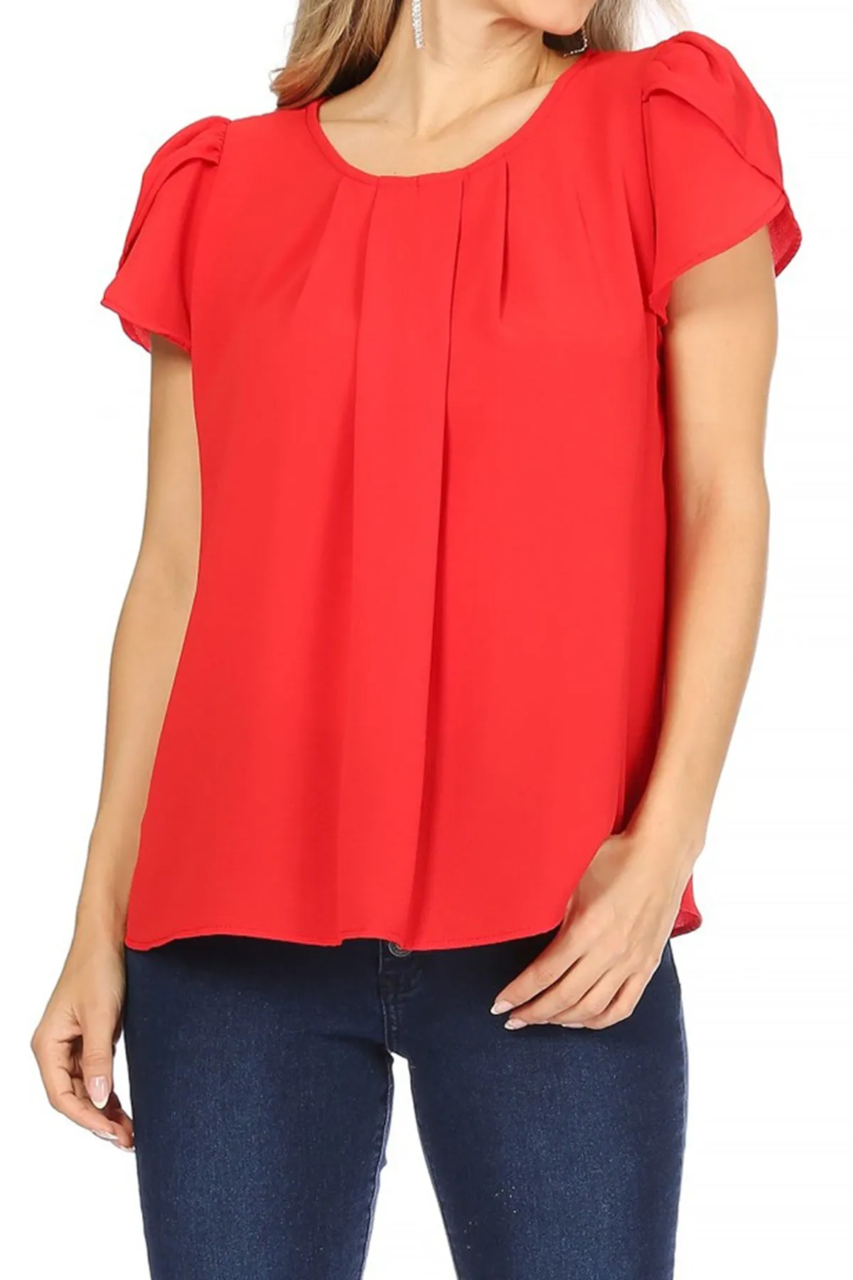 Women's Casual Solid Pleated Front Petal Cap Sleeve Round Neck Tee Blouse Top