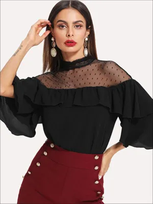Women's Layered Ruffle Sleeve Dotted Mesh Blouse