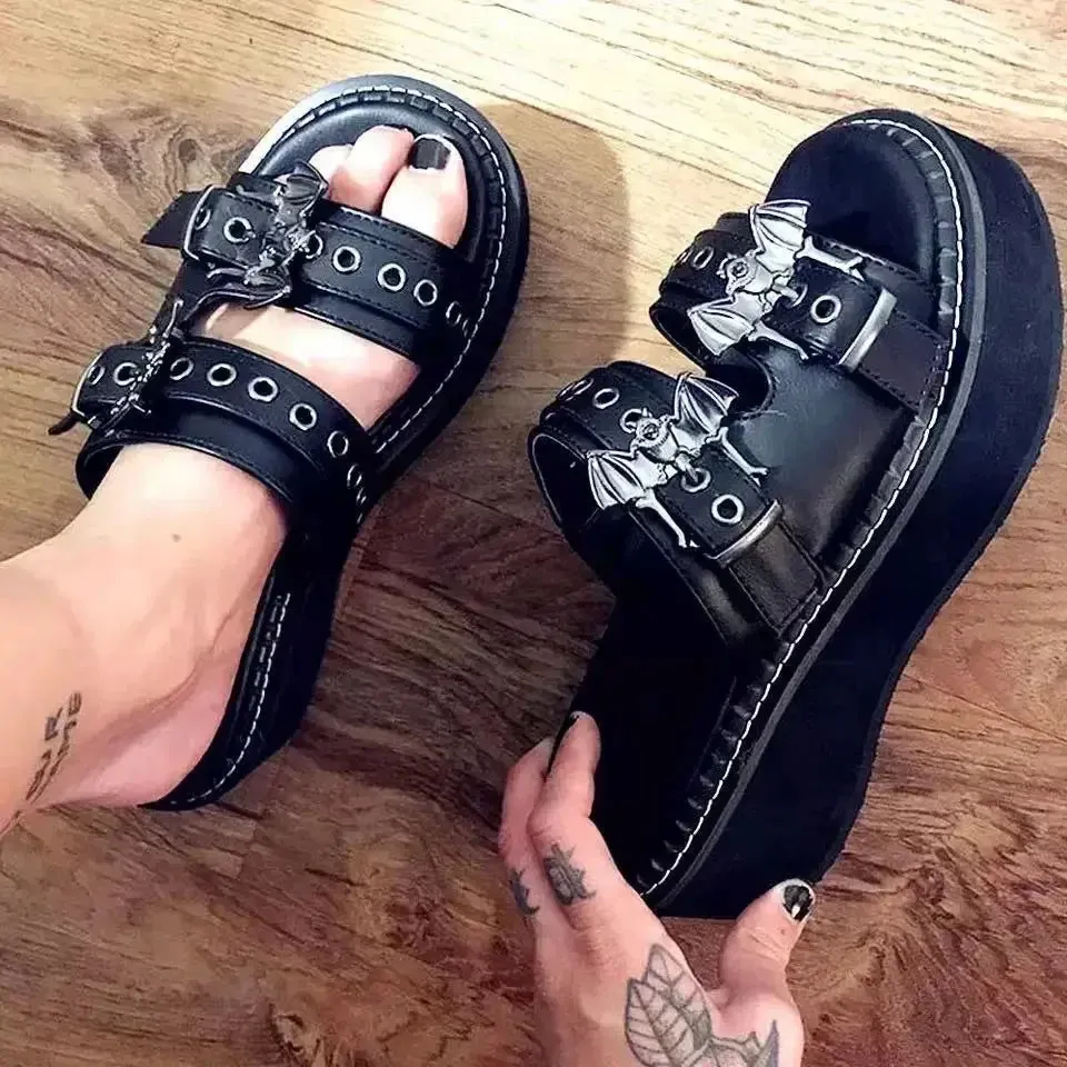 Women's Metal Decoration Platform Black Gothic Sandals