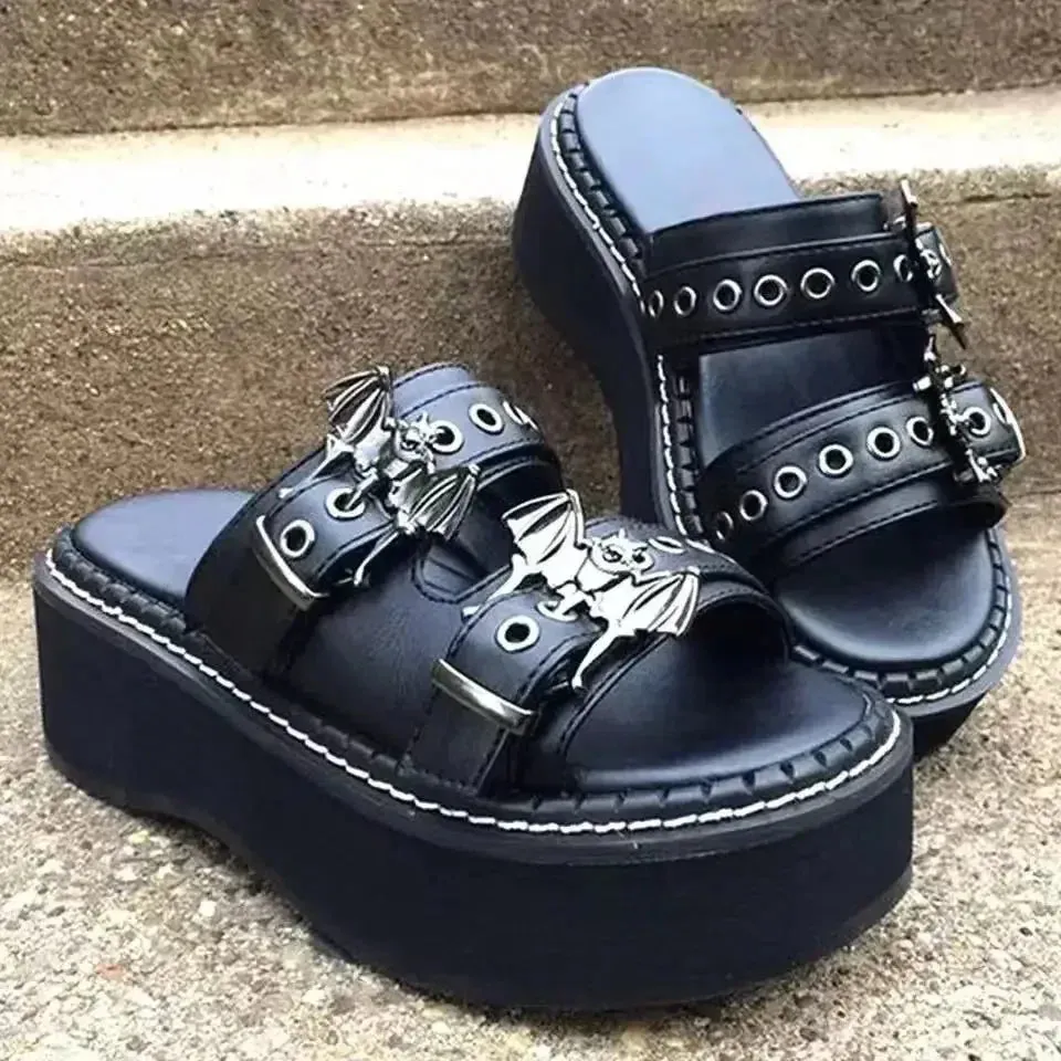 Women's Metal Decoration Platform Black Gothic Sandals