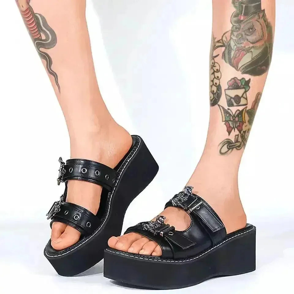 Women's Metal Decoration Platform Black Gothic Sandals