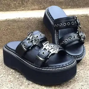 Women's Metal Decoration Platform Black Gothic Sandals