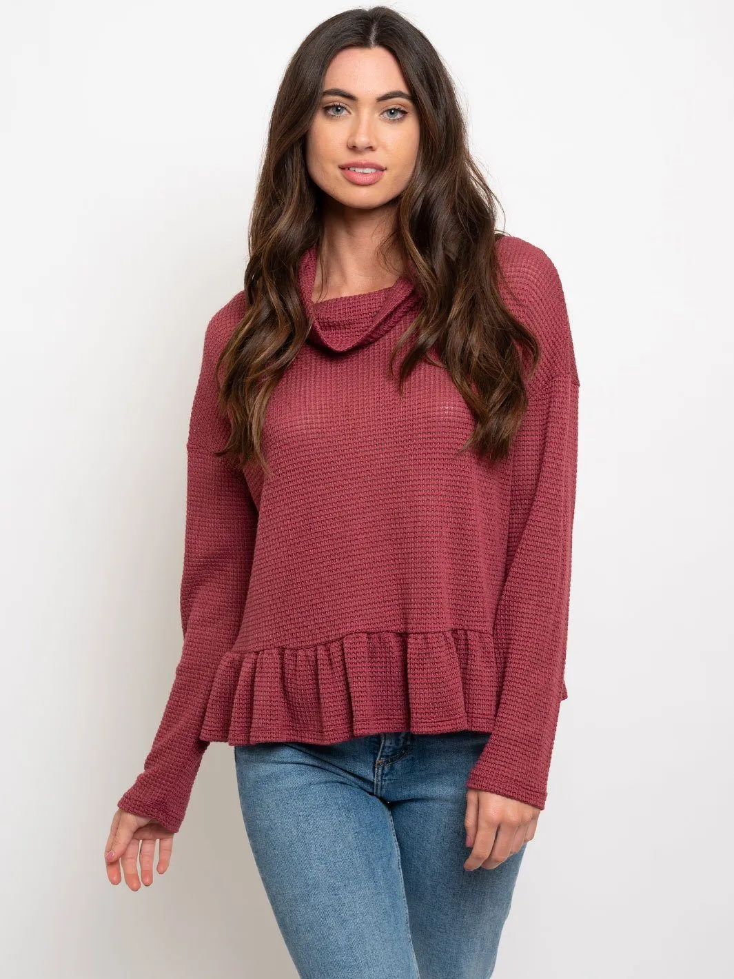 WOMEN'S WAFFLE COWL NECK W/ RUFFLE BOTTOM TOP