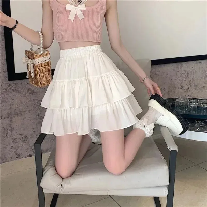 Y2K Women Black White Vintage Korean Japanese Ruffles Mini Pleated Skirts Kawaii Aesthetic High Waist A-line Skirt Alt Clothes