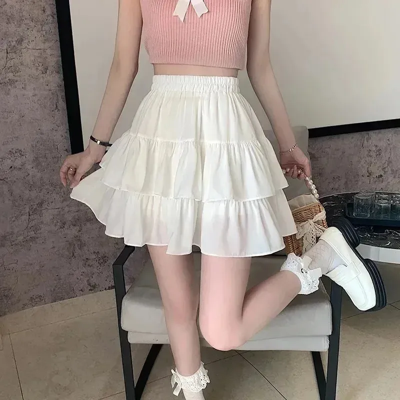 Y2K Women Black White Vintage Korean Japanese Ruffles Mini Pleated Skirts Kawaii Aesthetic High Waist A-line Skirt Alt Clothes