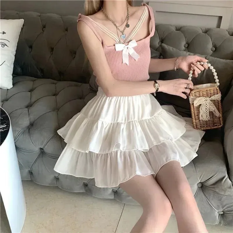 Y2K Women Black White Vintage Korean Japanese Ruffles Mini Pleated Skirts Kawaii Aesthetic High Waist A-line Skirt Alt Clothes