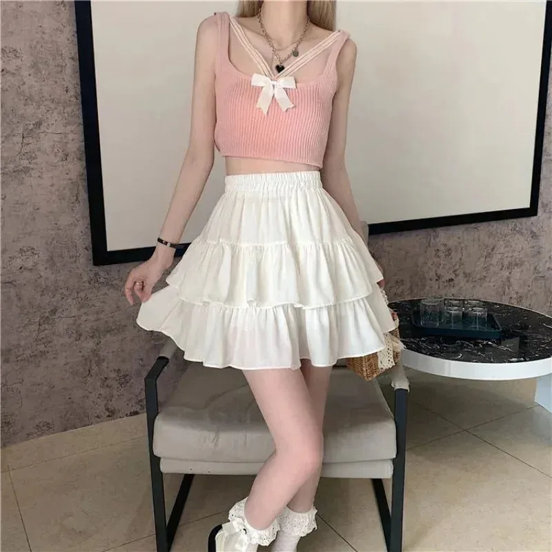 Y2K Women Black White Vintage Korean Japanese Ruffles Mini Pleated Skirts Kawaii Aesthetic High Waist A-line Skirt Alt Clothes