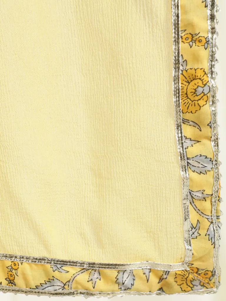 Yellow Floral Print Short Kurta With Skirt And Dupatta